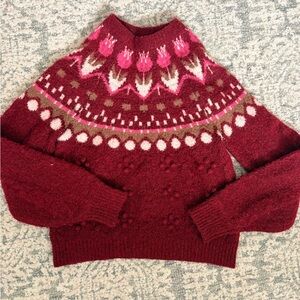 Anthropologie Burgundy and Pink Patterned Turtleneck Sweater